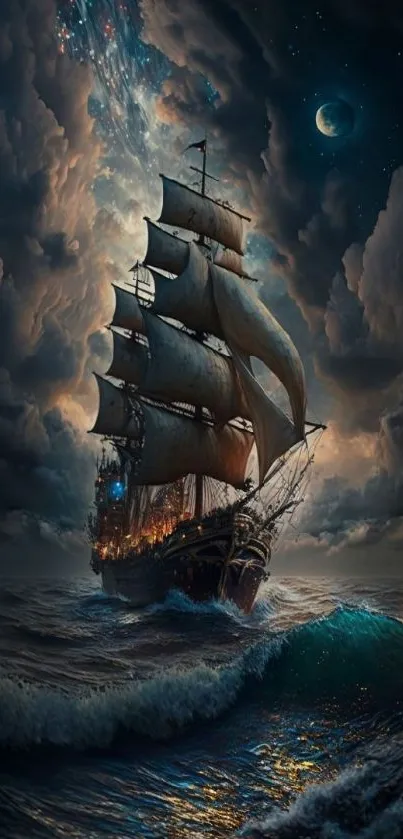 Majestic ship sails through stormy seas under a starry night sky.