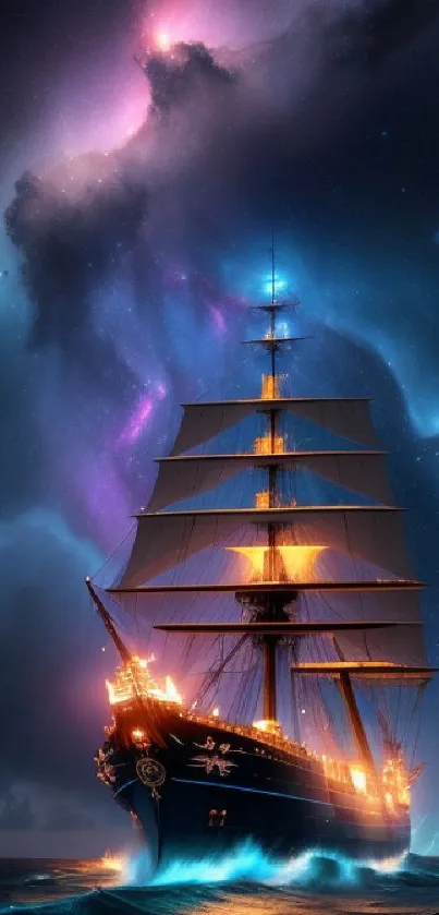 A majestic ship sailing under starry, luminous skies with glowing waters below.