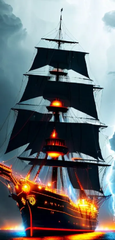 Majestic ship sails through stormy seas under lightning-filled skies.