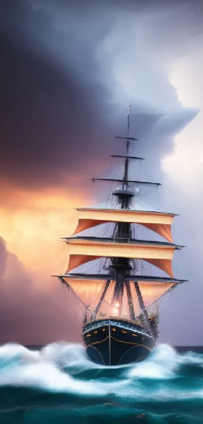 Majestic ship on turbulent seas with a dramatic stormy sky backdrop.