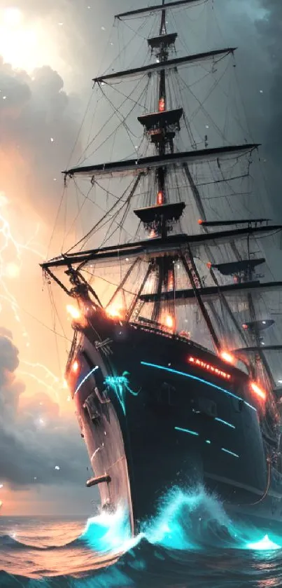 Majestic ship navigating stormy seas under a dramatic lightning-filled sky.