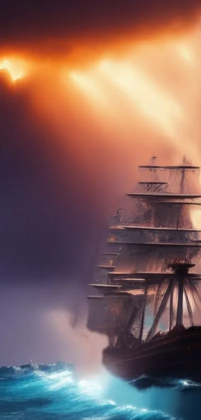 Majestic ship in stormy seas with glowing skies.