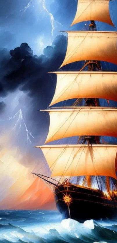 Majestic ship sails under a stormy sky with dramatic clouds.