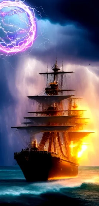 Majestic ship under a stormy sky with glowing lightning.