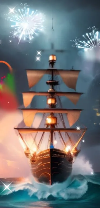 Majestic ship sailing under vibrant fireworks at night, creating a stunning visual.