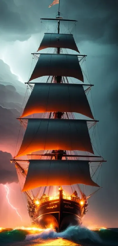 Majestic ship sailing through stormy seas with lightning.