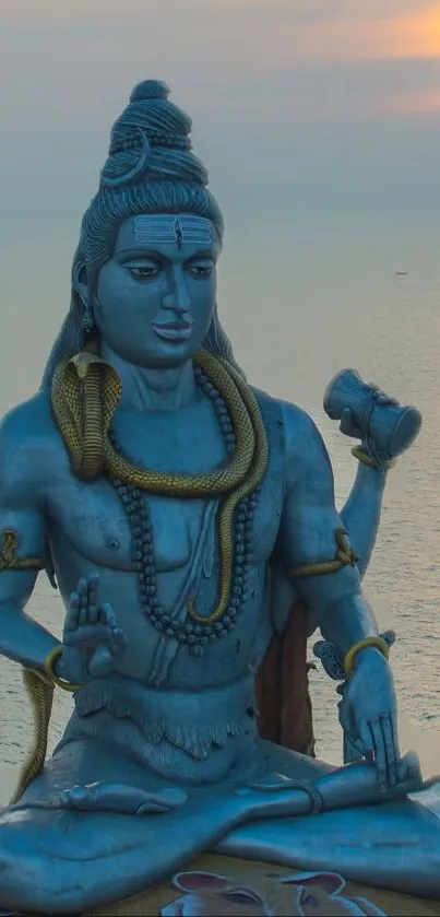 A majestic Shiva statue meditating at sunset, serene and spiritual.