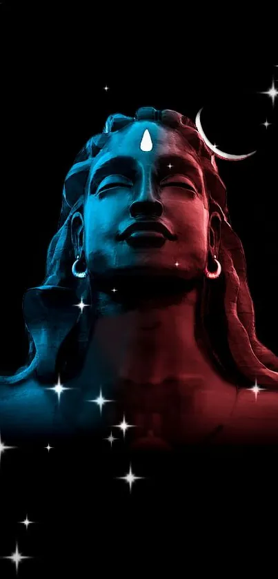 Cosmic artwork of Lord Shiva with stars and half-blue, half-red design.