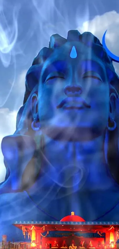 Majestic blue Shiva statue with celestial background and smoke.