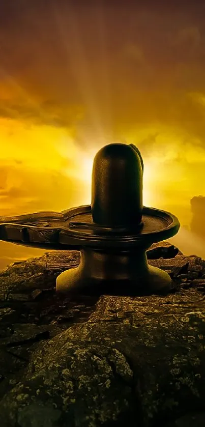 Shiva Lingam silhouette against a vibrant sunset sky with dramatic clouds.