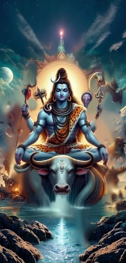 Majestic image of Lord Shiva seated on Nandi with a mystical background.