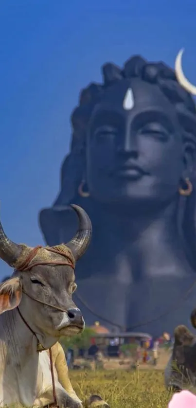 Stunning Shiva sculpture and cows under blue sky.