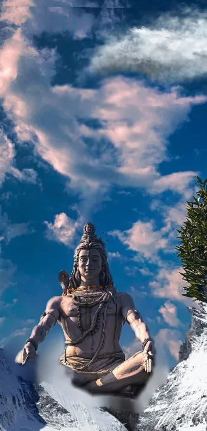 Majestic Shiva statue amidst vibrant sky and nature.