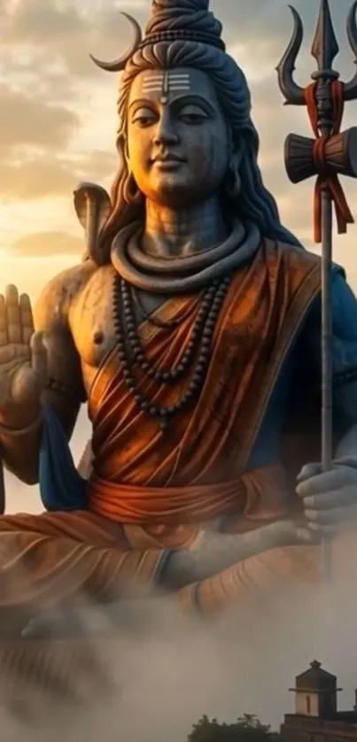 Majestic Shiva statue amidst clouds at sunset