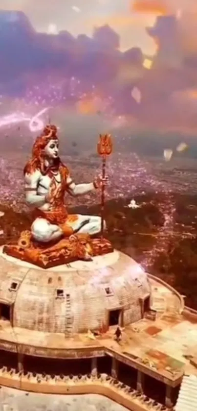 Lord Shiva meditating at temple during sunset.