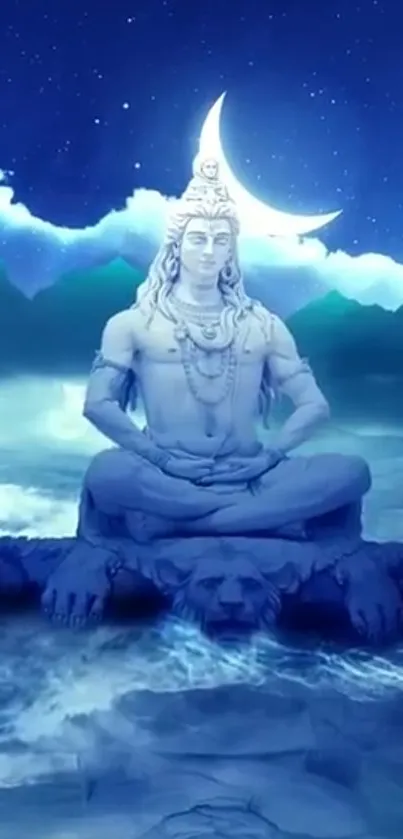 Lord Shiva meditating under moonlit sky with serene blue palette.