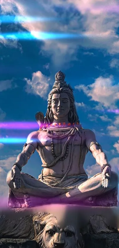 Majestic Shiva statue under vibrant sky.