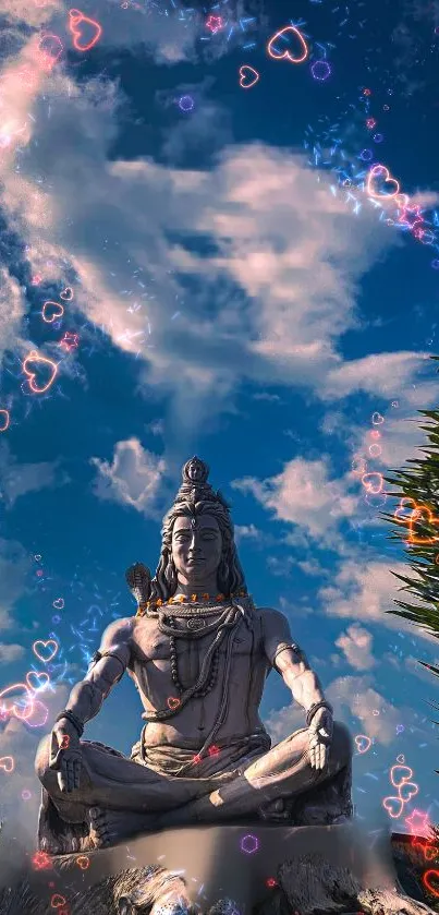 Lord Shiva in meditation under a vibrant blue sky with heart motifs.