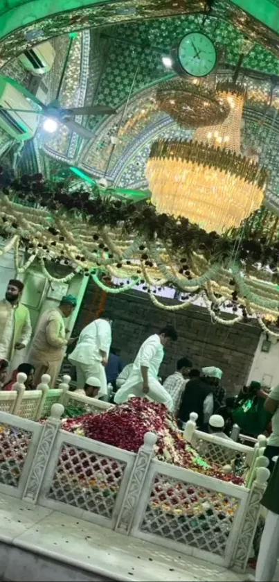 Majestic shrine with chandelier and floral decorations.