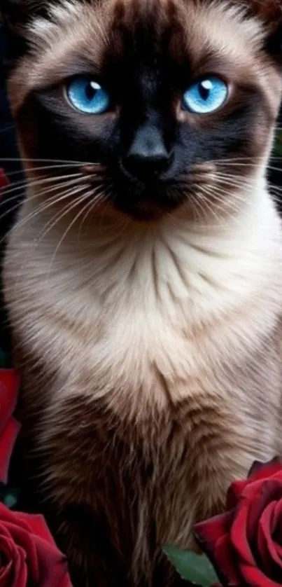 Siamese cat with bright blue eyes surrounded by red roses.