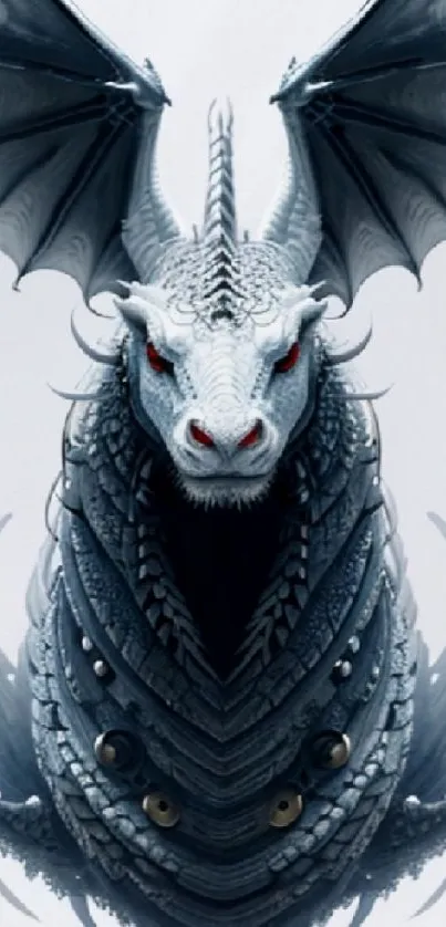 Majestic silver dragon with detailed scales and red eyes on a gray background.