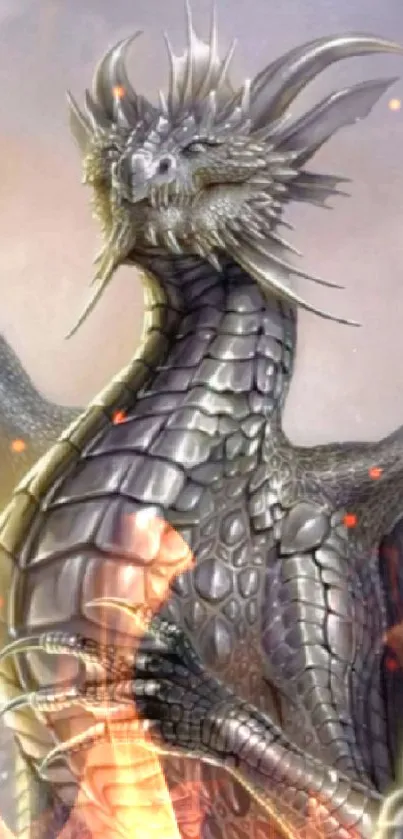 Silver dragon with detailed scales in a mystical art scene.