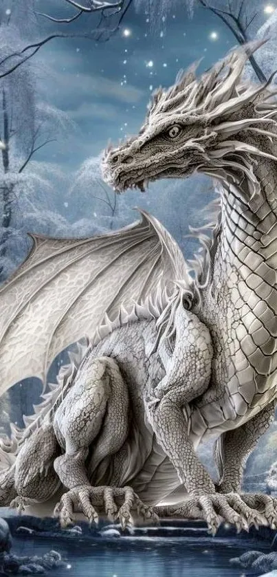 Majestic ice dragon in snowy forest.