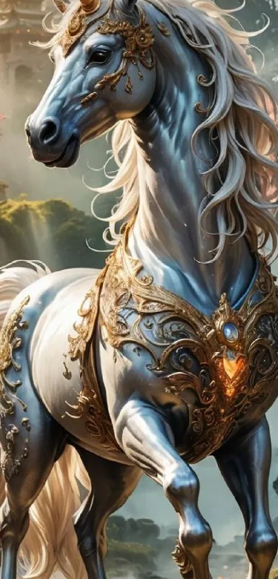 Majestic silver horse with ornate design in a fantasy landscape.