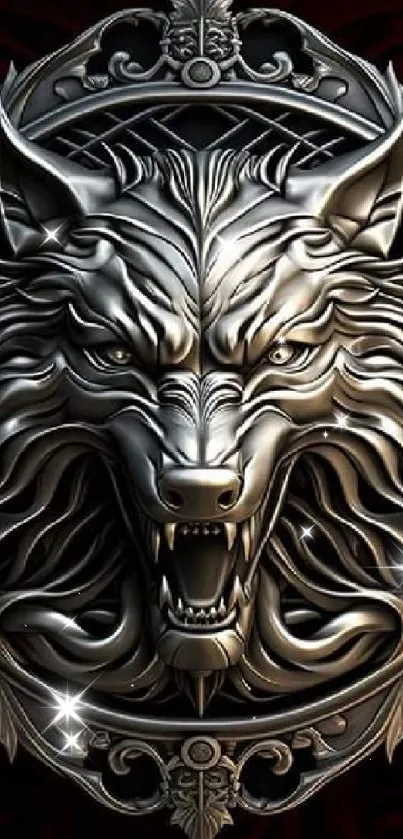 Intricate silver wolf emblem on dark background.