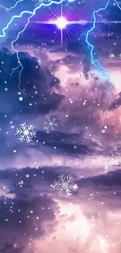 Majestic sky with purple clouds, lightning, and snowflakes wallpaper.