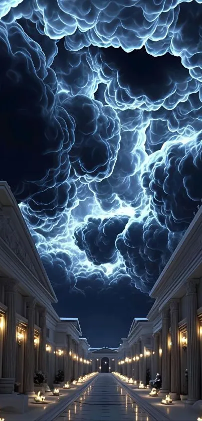 Majestic stormy sky above ancient columns, creating a dramatic visual.