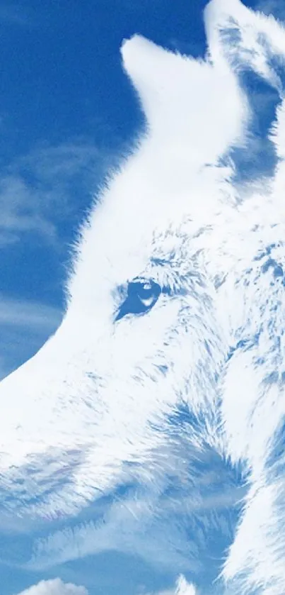 Majestic sky-blue wolf integrated into a cloud-filled sky, creating a serene visual.