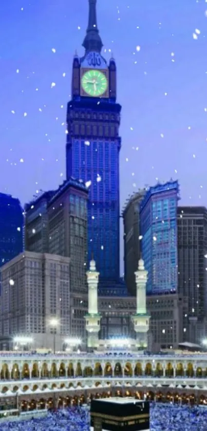 Majestic city skyline with iconic tower and gentle snowfall.