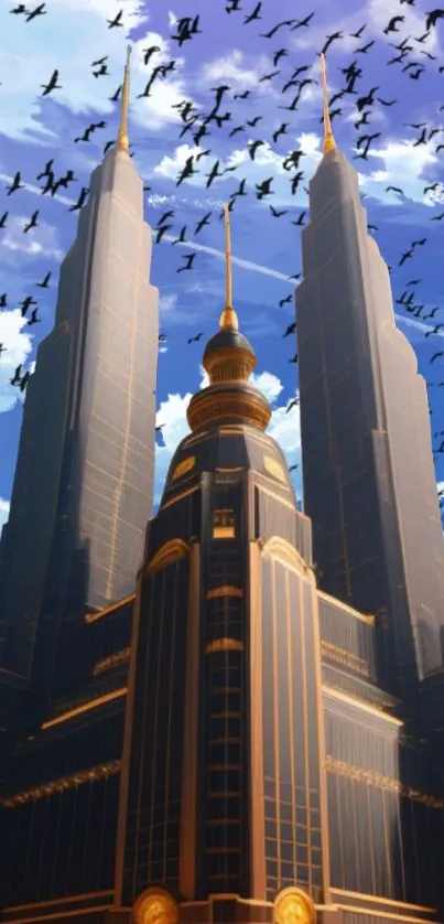 Majestic skyscraper wallpaper with blue sky and birds