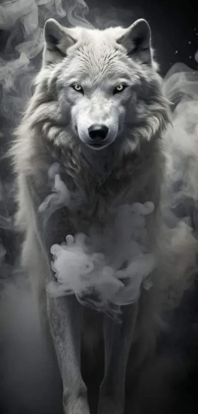 Majestic wolf surrounded by smoke on a dark background.