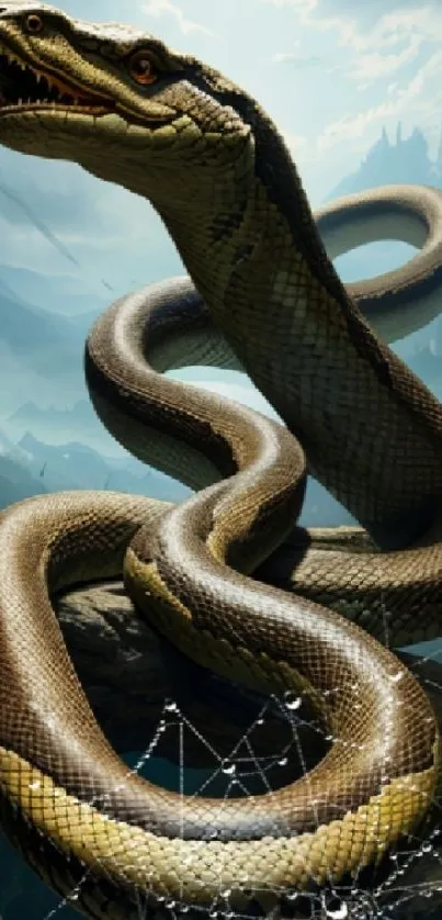 Majestic snake coiled on a mountainous landscape with webbed threads.