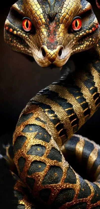 Majestic snake with golden scales and striking red eyes in a stunning wallpaper.