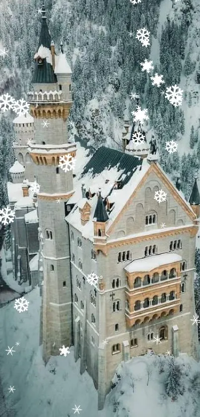 Majestic snow-covered castle amidst winter mountains.