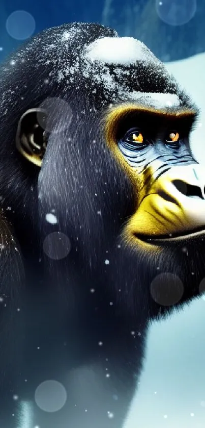 Gorilla in snow with mountains in the background, digital art wallpaper.