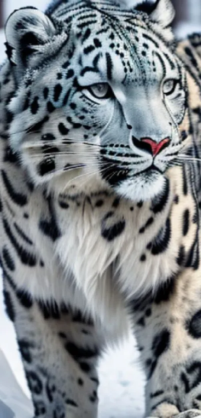 Majestic snow leopard walking through snowy forest.