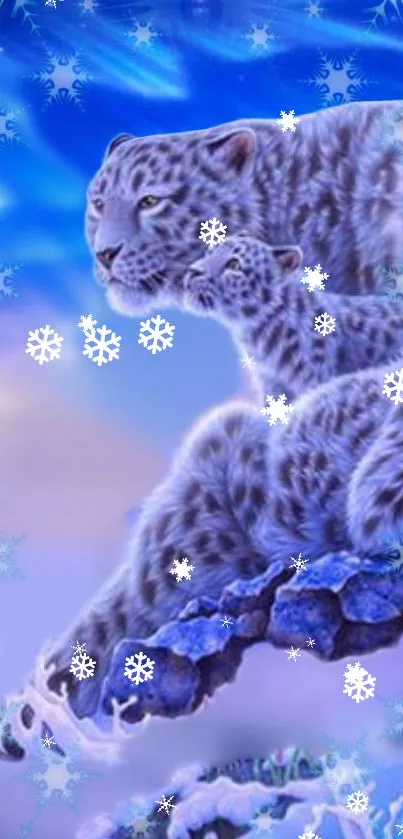 Majestic snow leopard with snowflakes and a blue sky background.