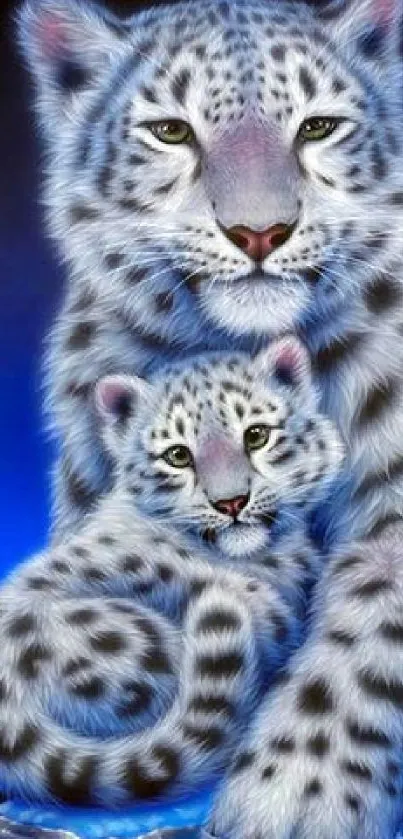 Snow leopard with cub on a blue background in artistic wallpaper design.