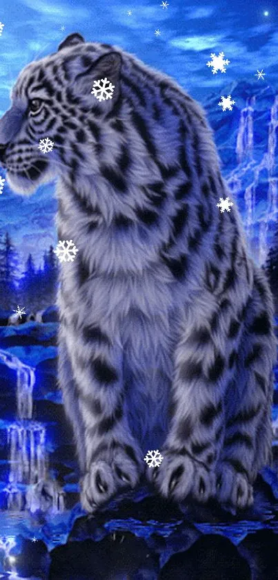 Snow leopard in icy blue waterfall scenery wallpaper.