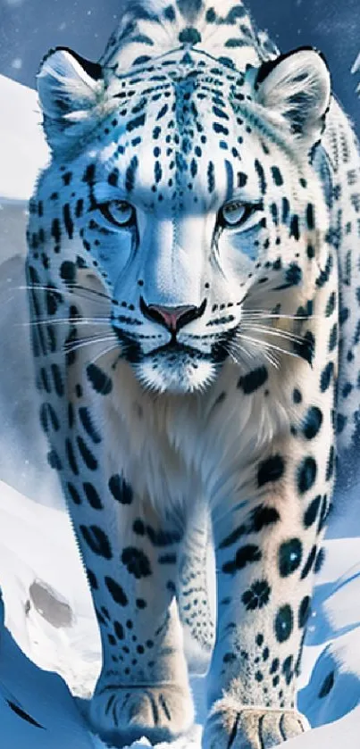 Majestic snow leopard in snowy landscape mobile wallpaper.
