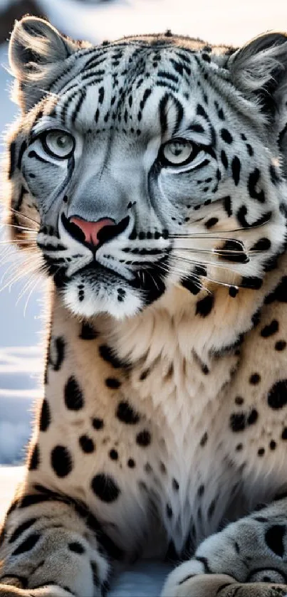 Majestic snow leopard resting on snowy terrain with piercing gaze.