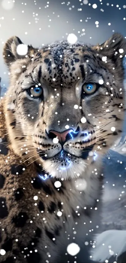 Snow leopard with blue eyes against a snowy mountain backdrop.