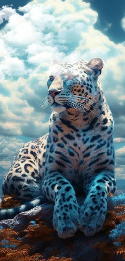 Majestic snow leopard with a scenic blue sky background, perfect for mobile wallpaper.