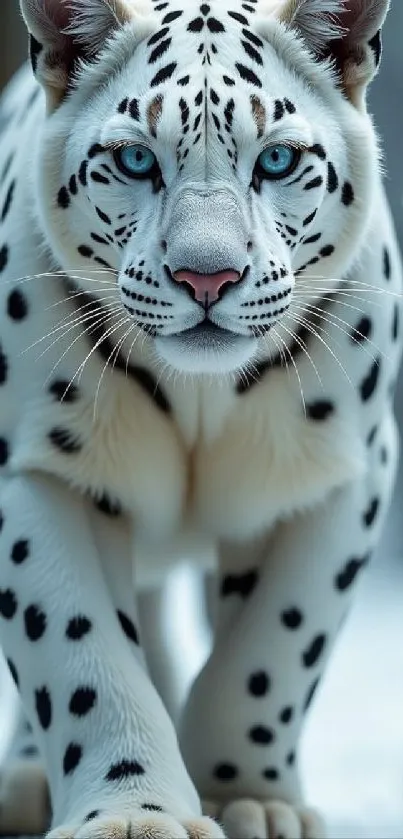 Snow leopard with blue eyes in a snowy background