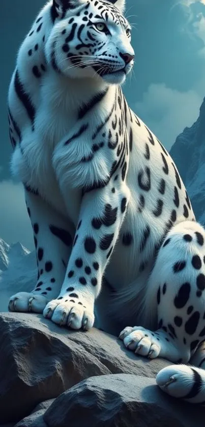 A snow leopard on rocks with mountains and moon in the background.