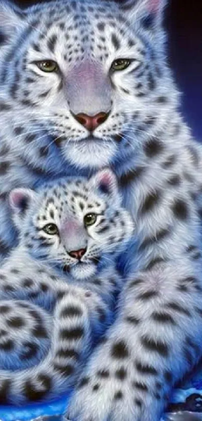 Snow leopard mother and cub in a serene natural setting with rich colors.